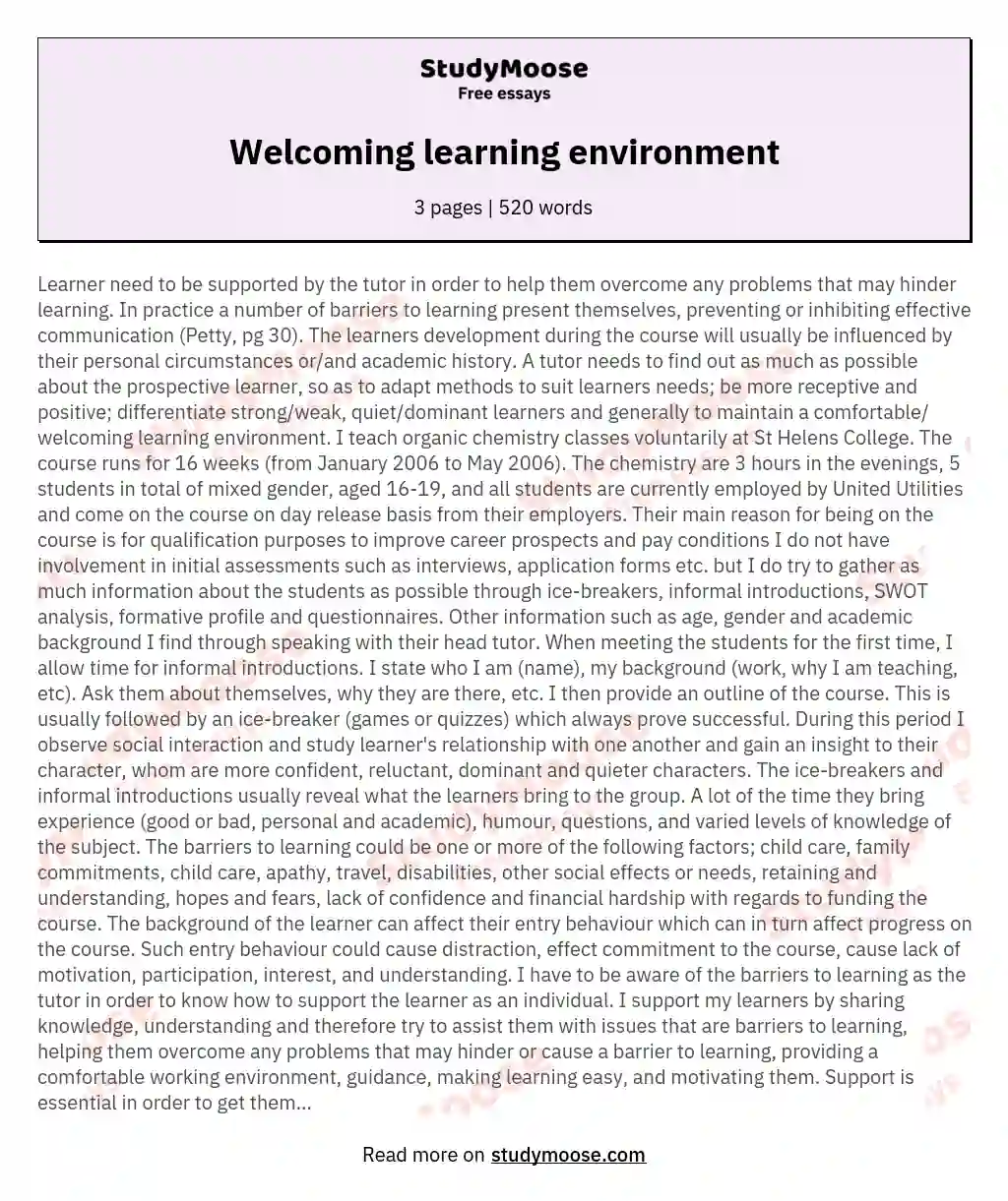 Welcoming learning environment essay