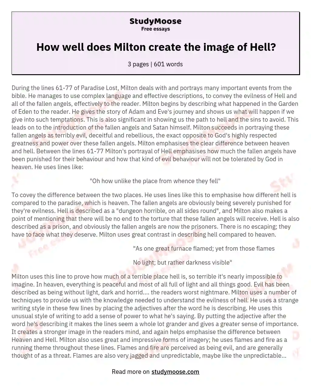 How well does Milton create the image of Hell? essay