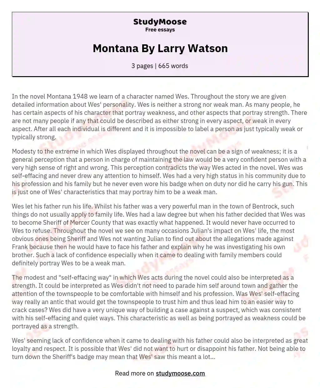 Montana By Larry Watson essay