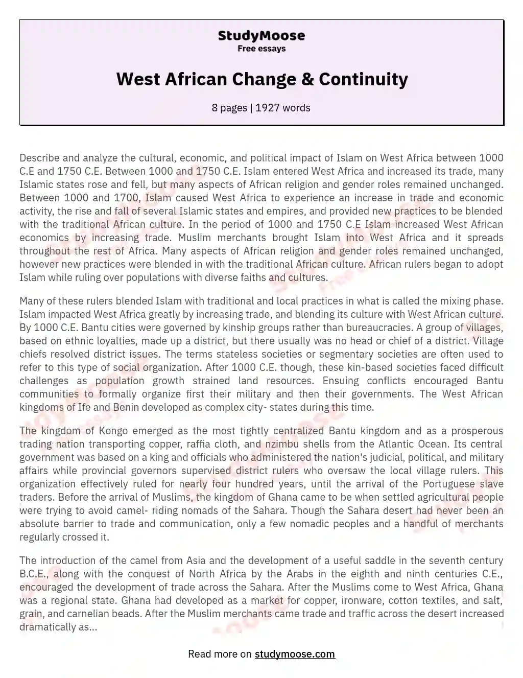 West African Change & Continuity essay