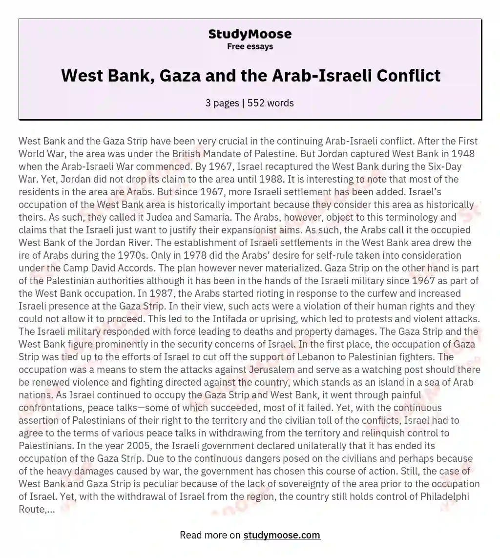 West Bank, Gaza and the Arab-Israeli Conflict essay