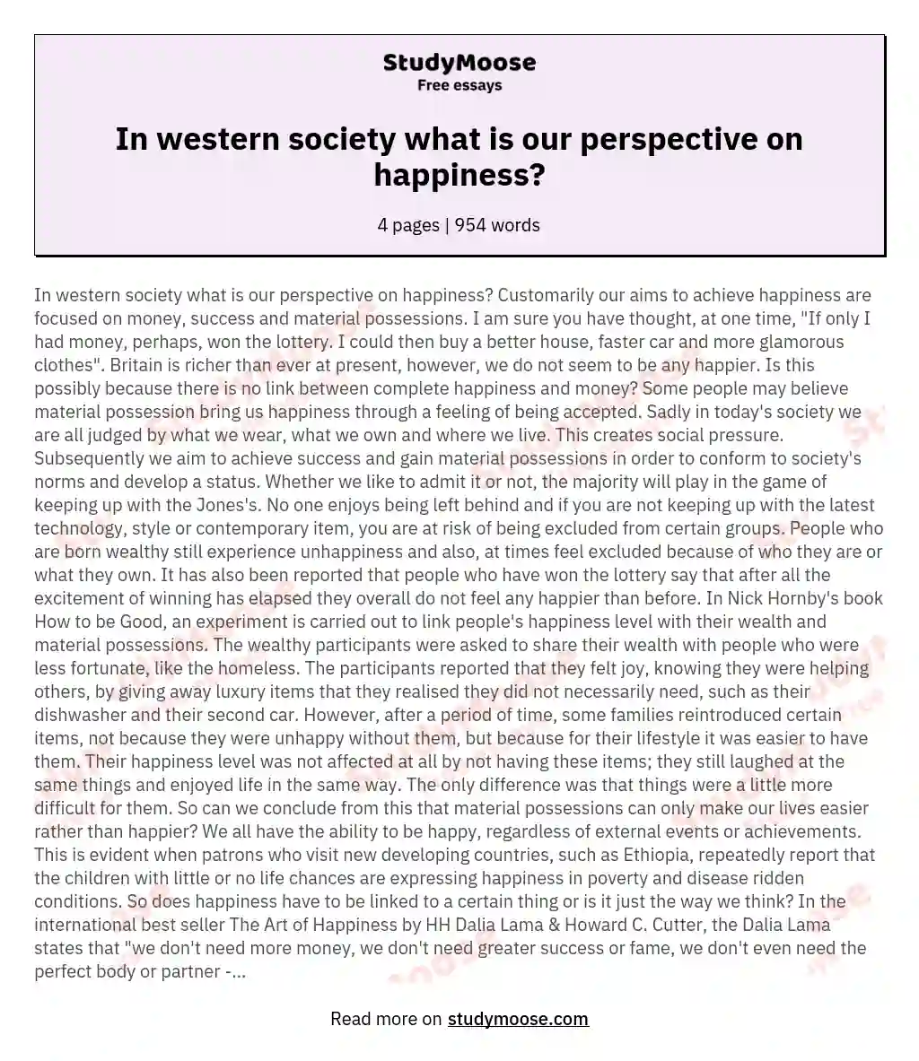 In western society what is our perspective on happiness? essay