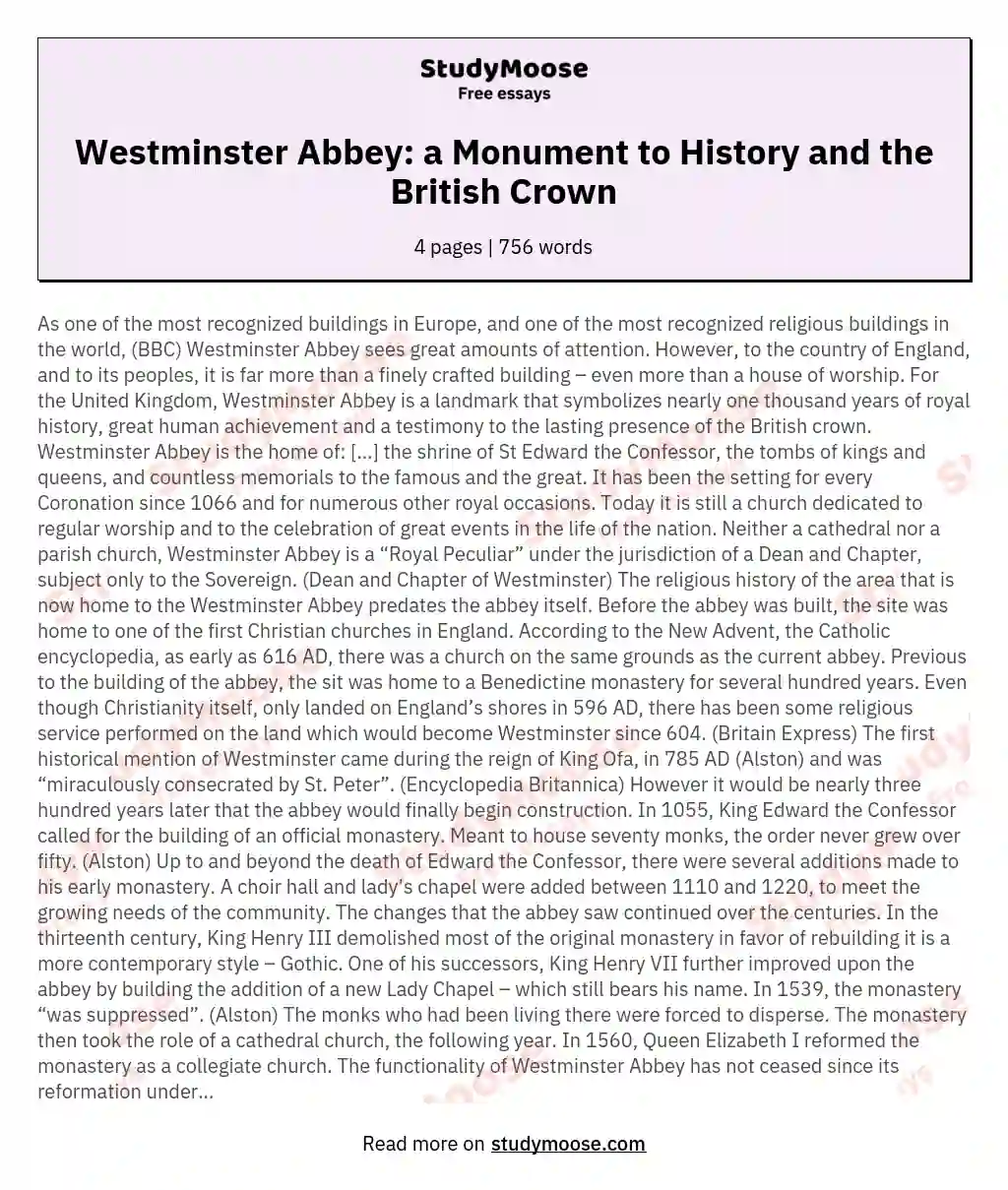 Westminster Abbey: a Monument to History and the British Crown essay