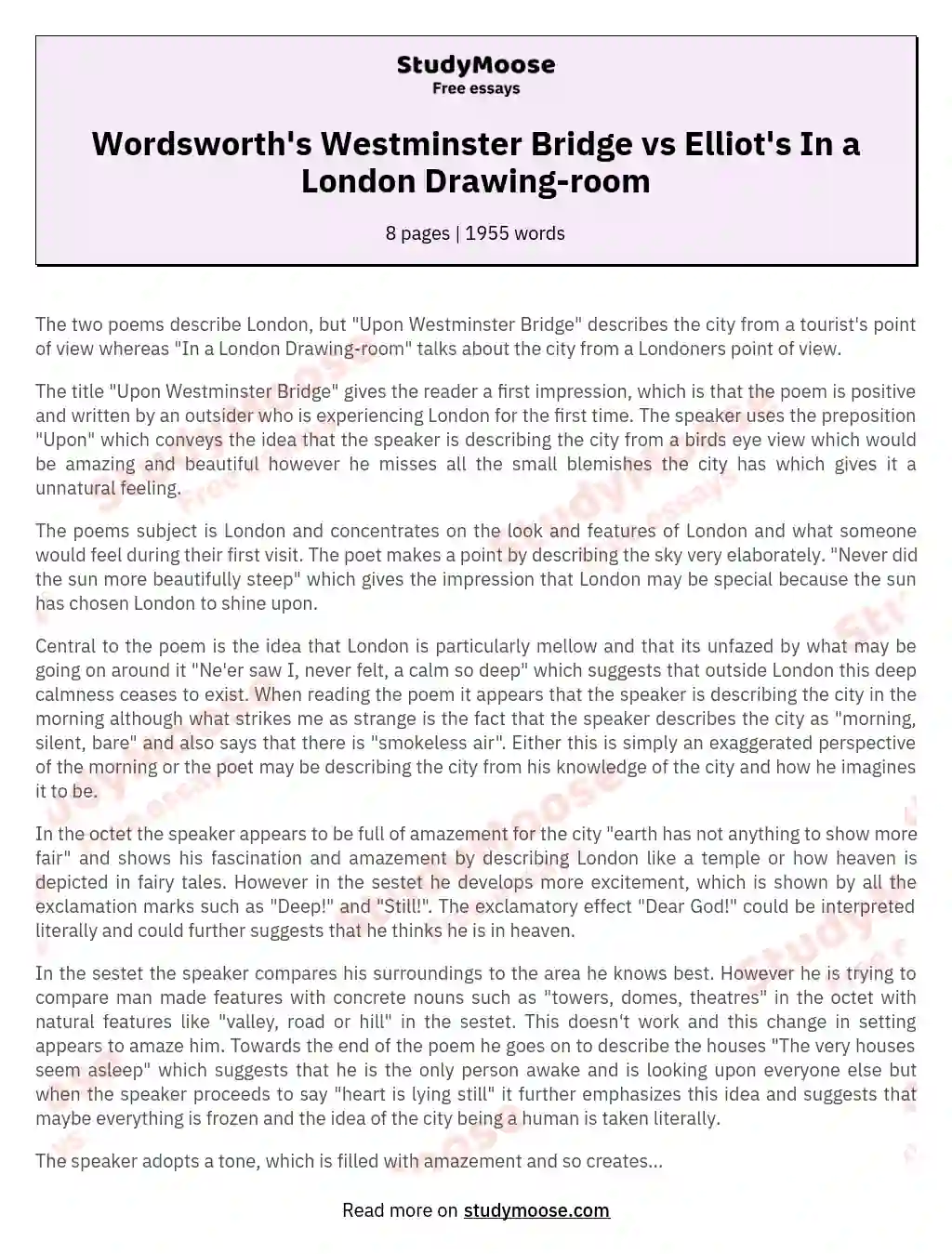 Wordsworth's Westminster Bridge vs Elliot's In a London Drawing-room essay