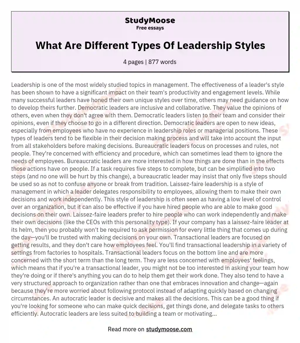 What Are Different Types Of Leadership Styles essay