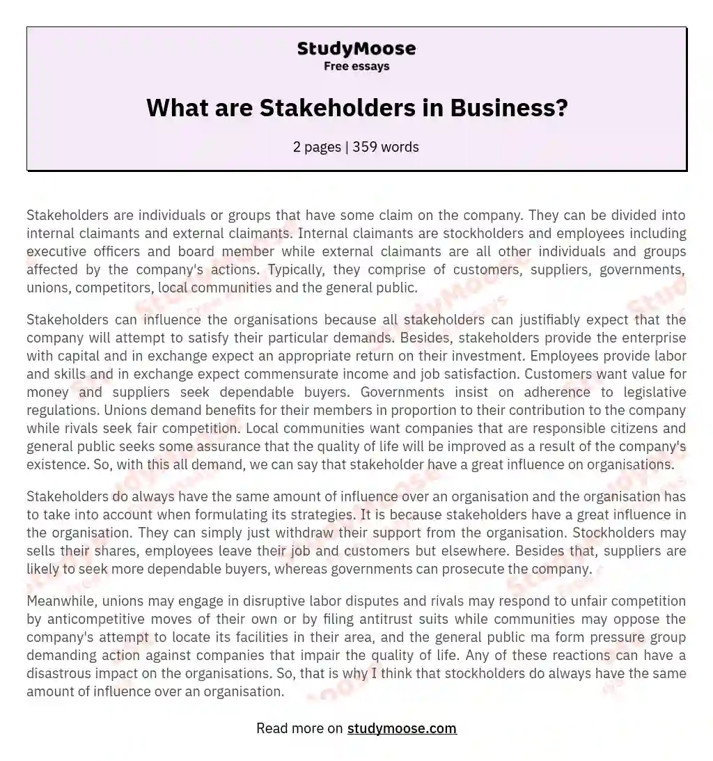 What are Stakeholders in Business? essay