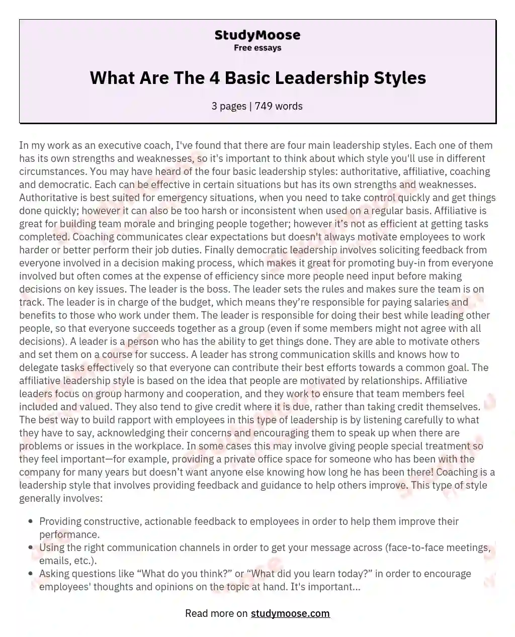 What Are The 4 Basic Leadership Styles essay