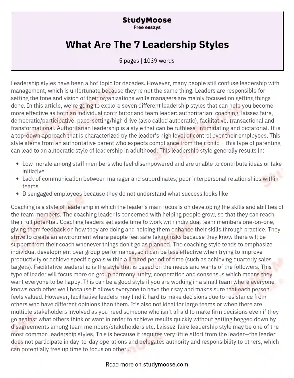 What Are The 7 Leadership Styles essay