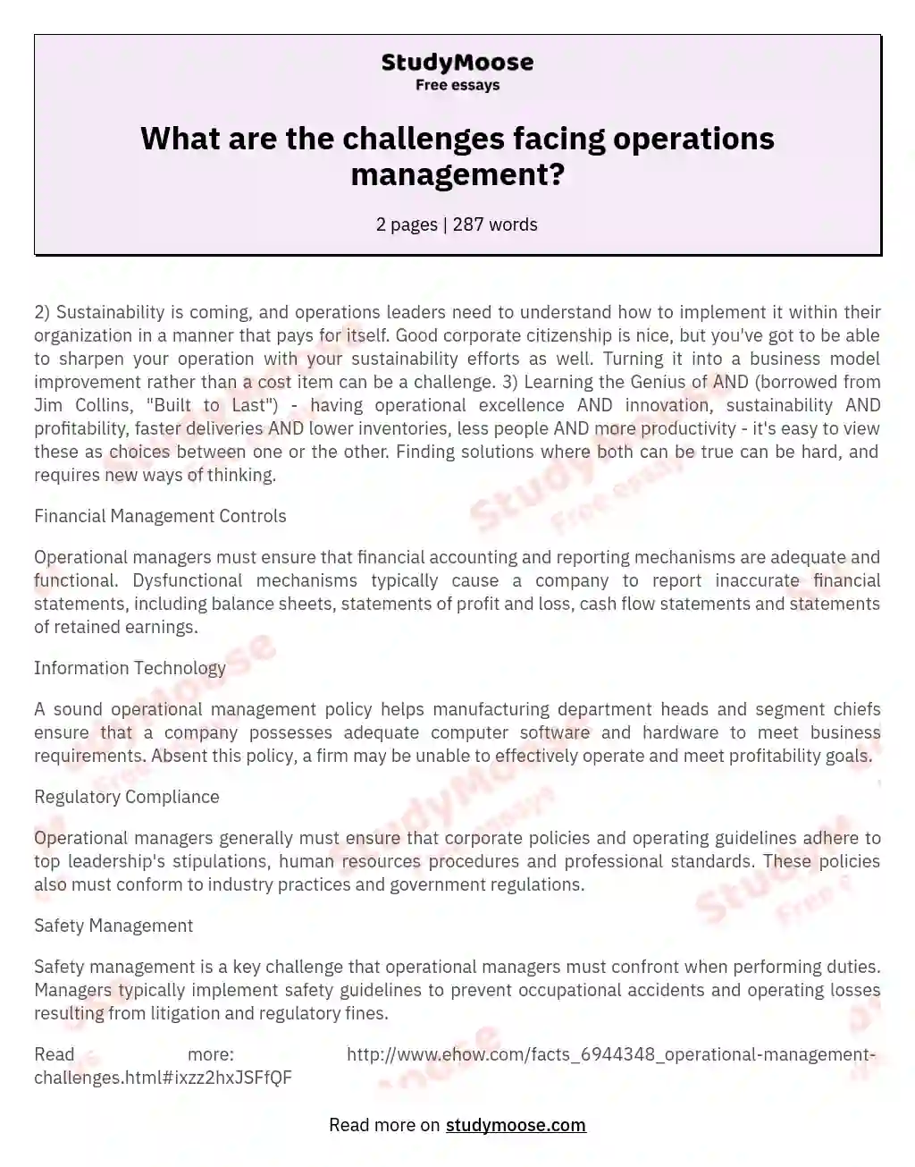 What are the challenges facing operations management? essay