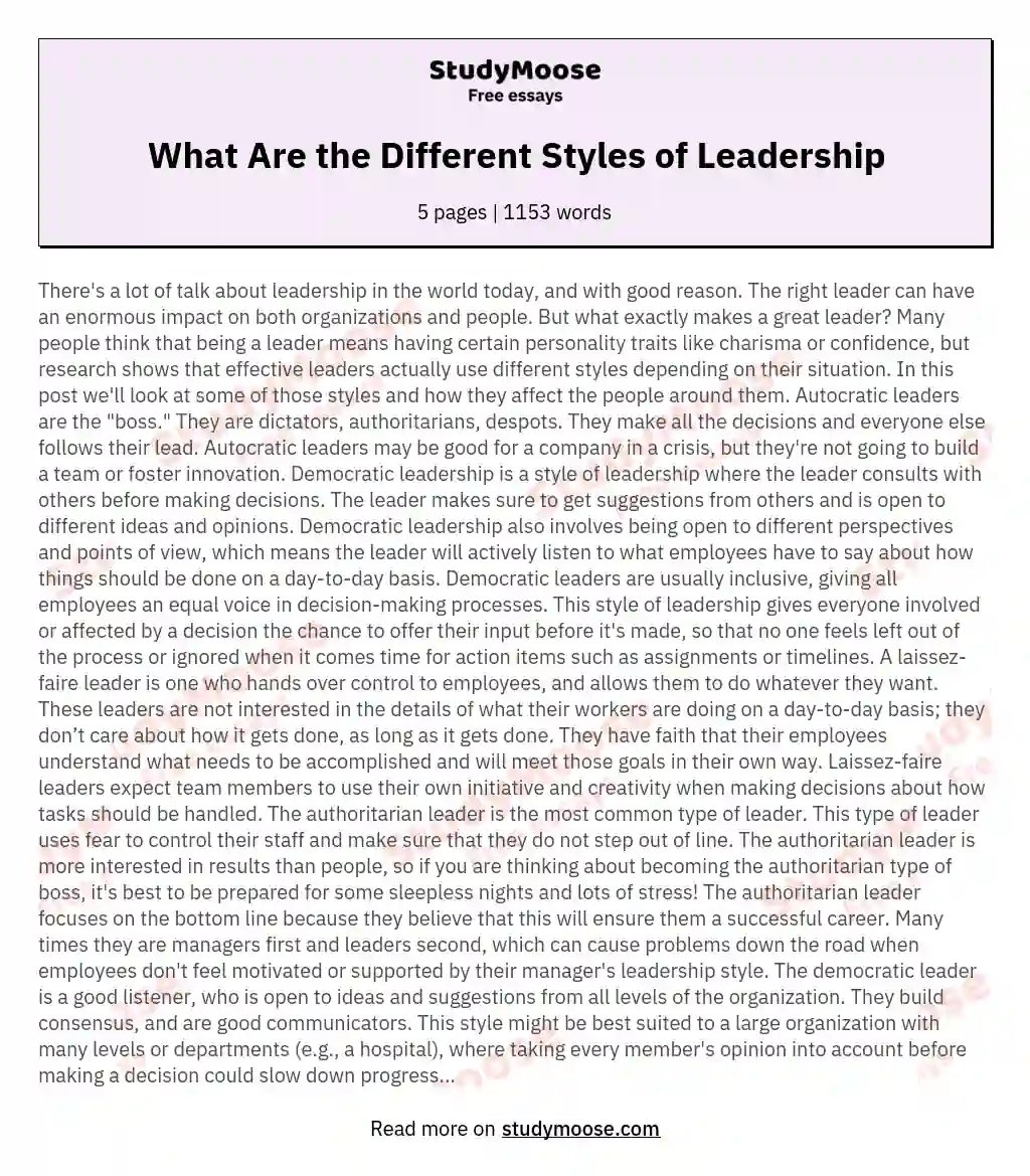 What Are the Different Styles of Leadership essay