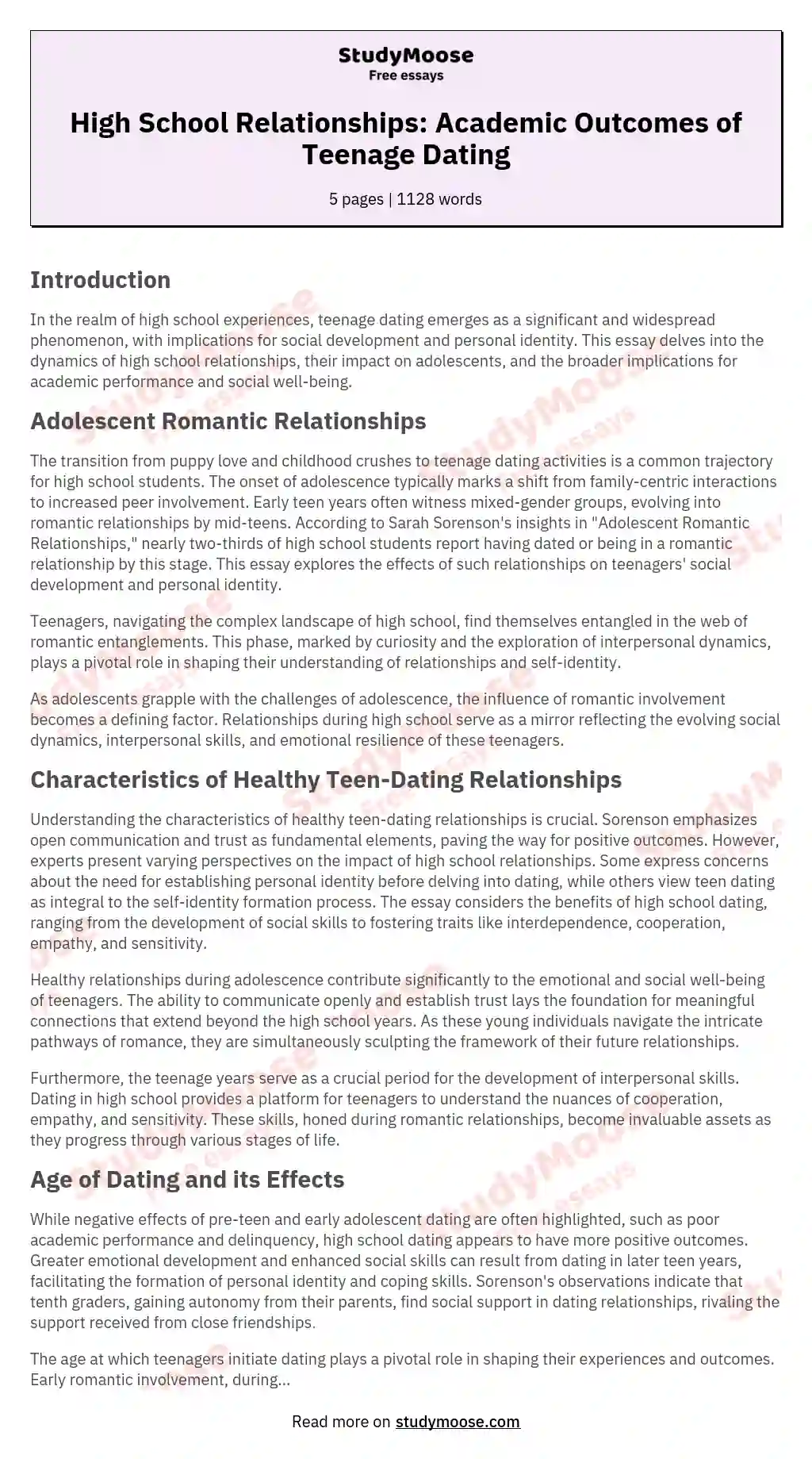 High School Relationships: Academic Outcomes of Teenage Dating essay