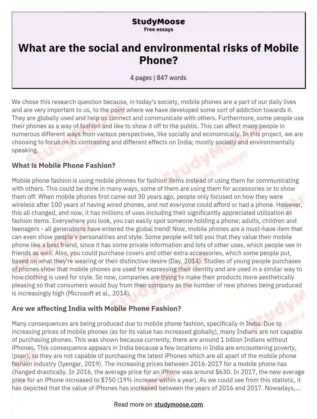 What are the social and environmental risks of Mobile Phone? essay