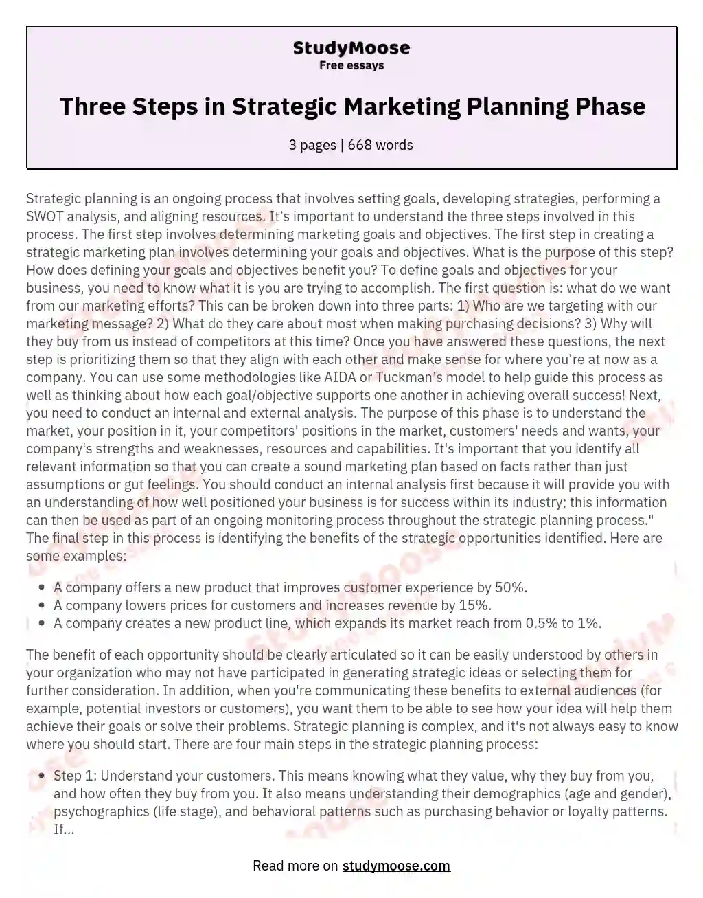Three Steps in Strategic Marketing Planning Phase essay