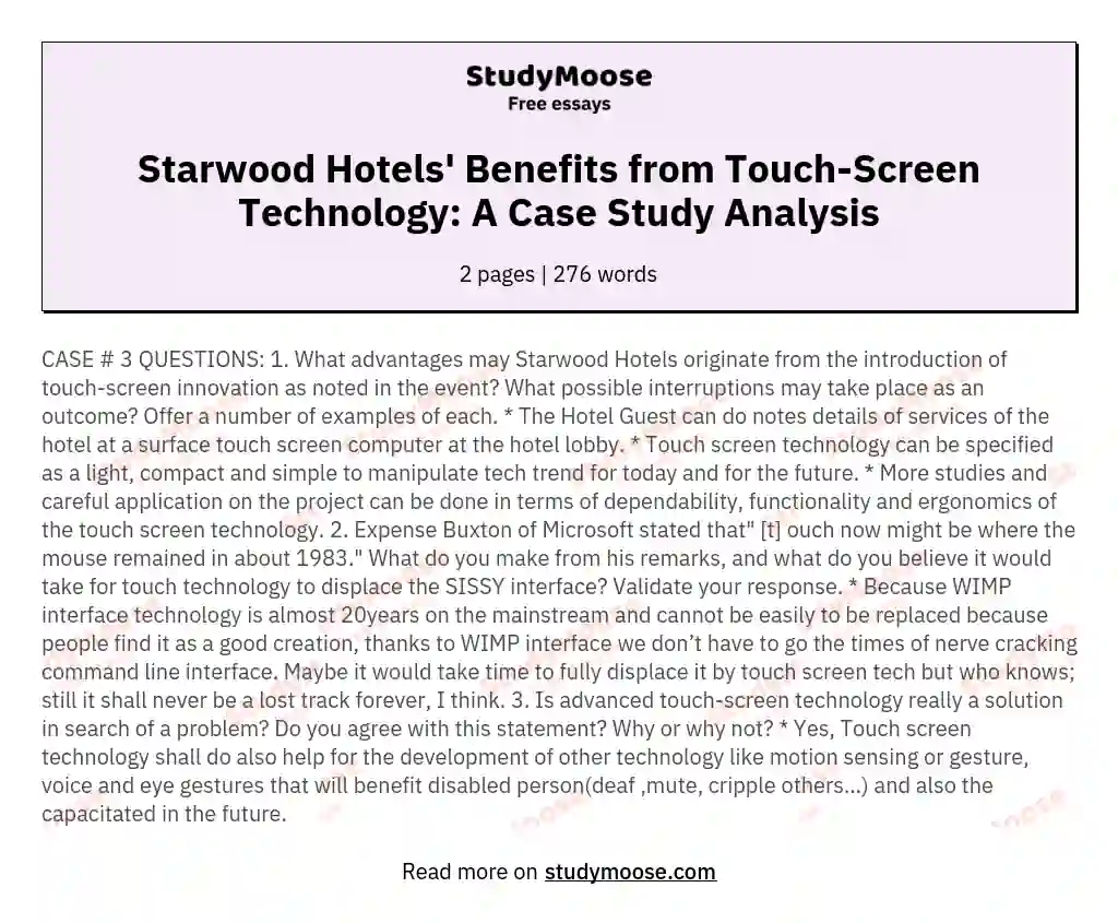 Starwood Hotels' Benefits from Touch-Screen Technology: A Case Study Analysis essay