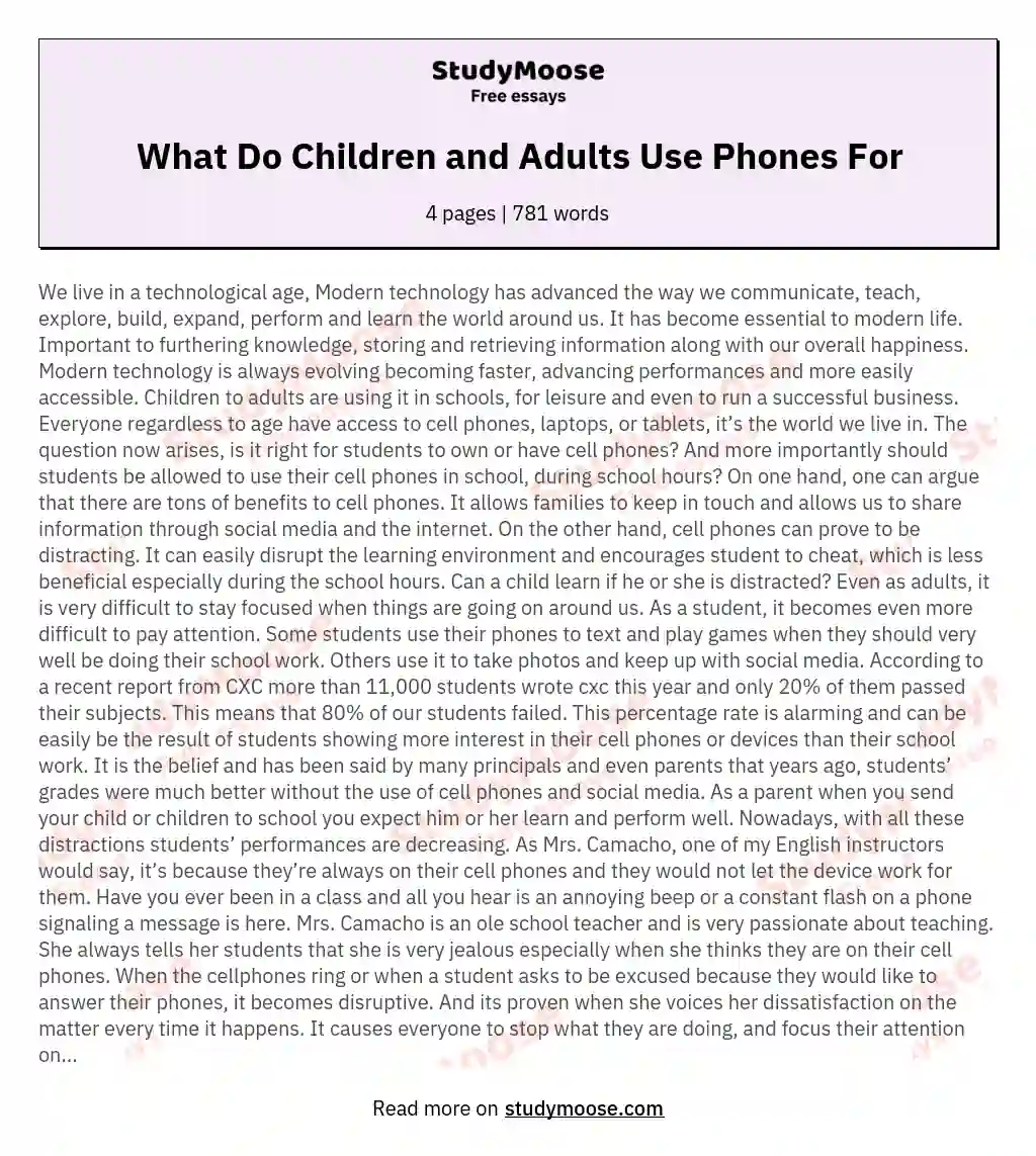 What Do Children and Adults Use Phones For essay