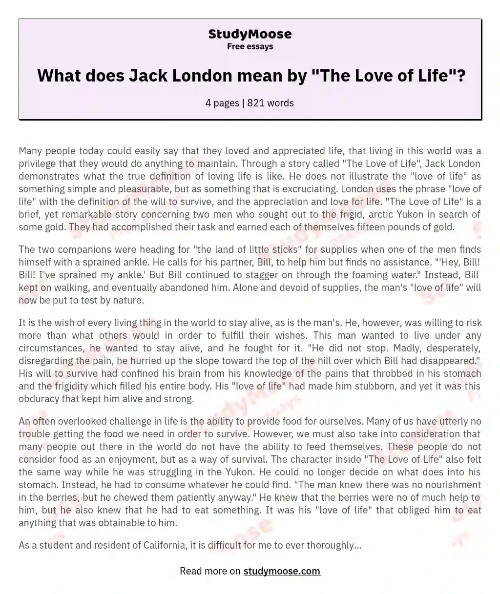 What does Jack London mean by "The Love of Life"? essay