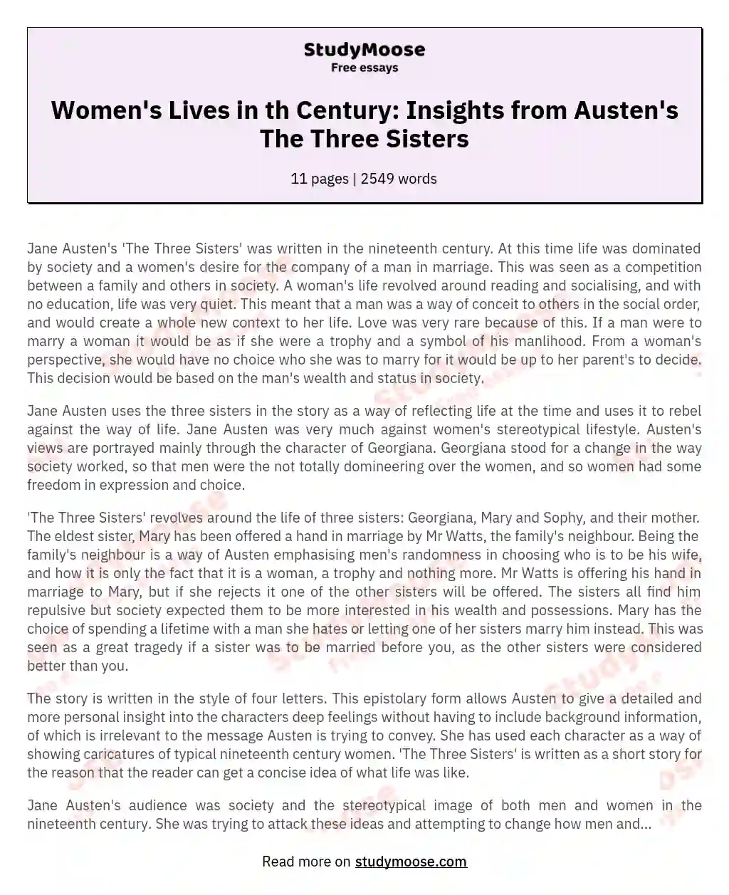 Women's Lives in th Century: Insights from Austen's The Three Sisters essay