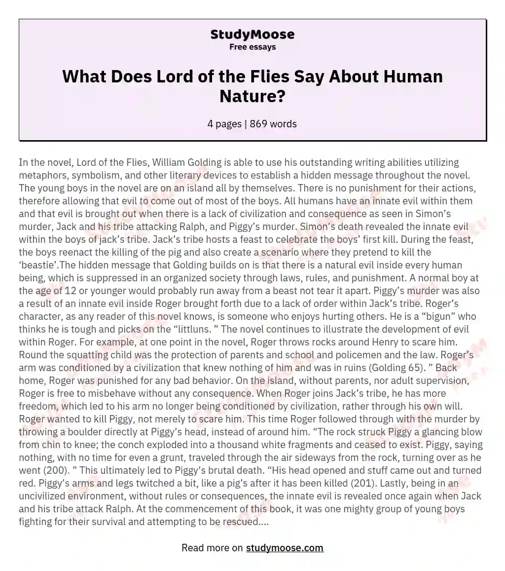 What Does Lord of the Flies Say About Human Nature? essay