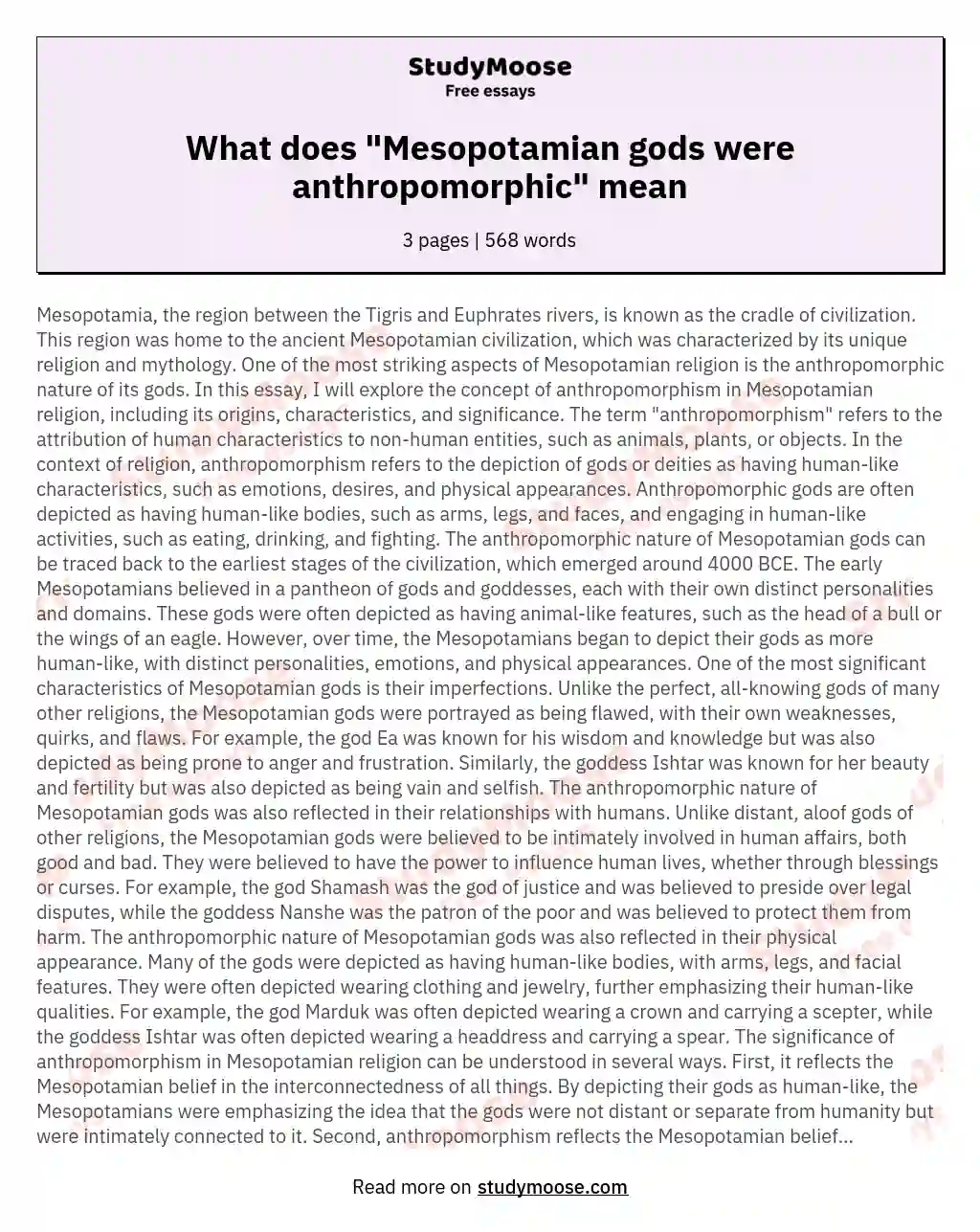 What does "Mesopotamian gods were anthropomorphic" mean essay