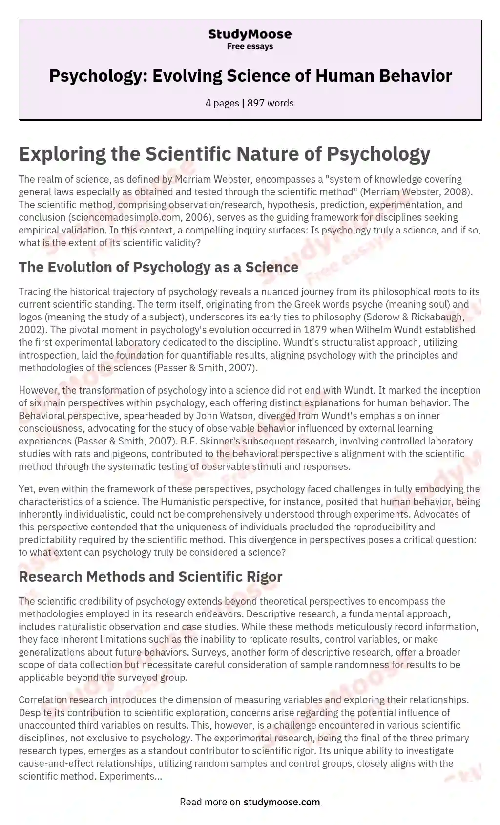 Psychology: Evolving Science of Human Behavior essay