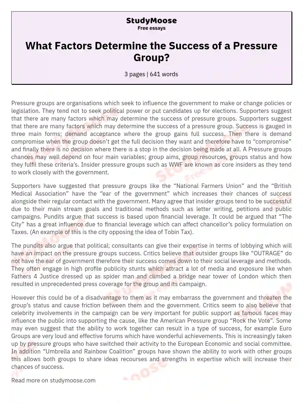 What Factors Determine the Success of a Pressure Group? essay
