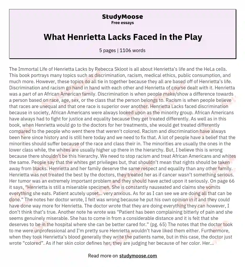 What Henrietta Lacks Faced in the Play essay