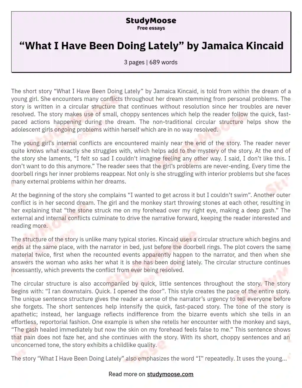 “What I Have Been Doing Lately” by Jamaica Kincaid essay