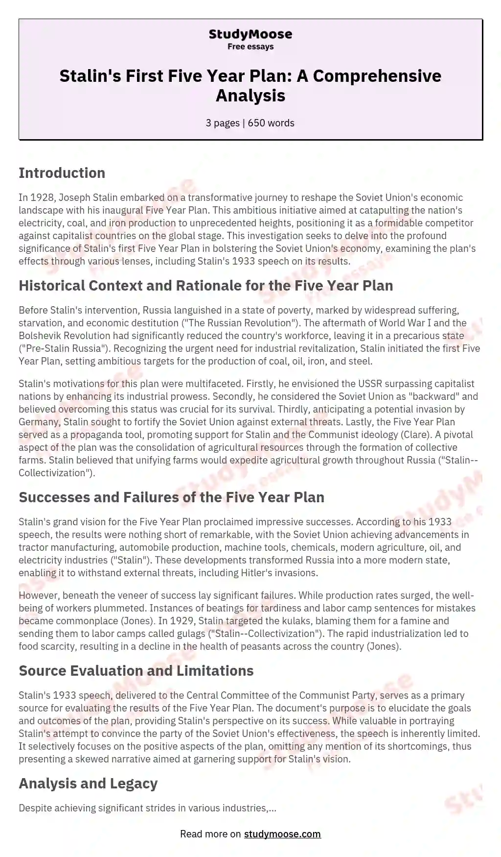 essay stalin five year plan