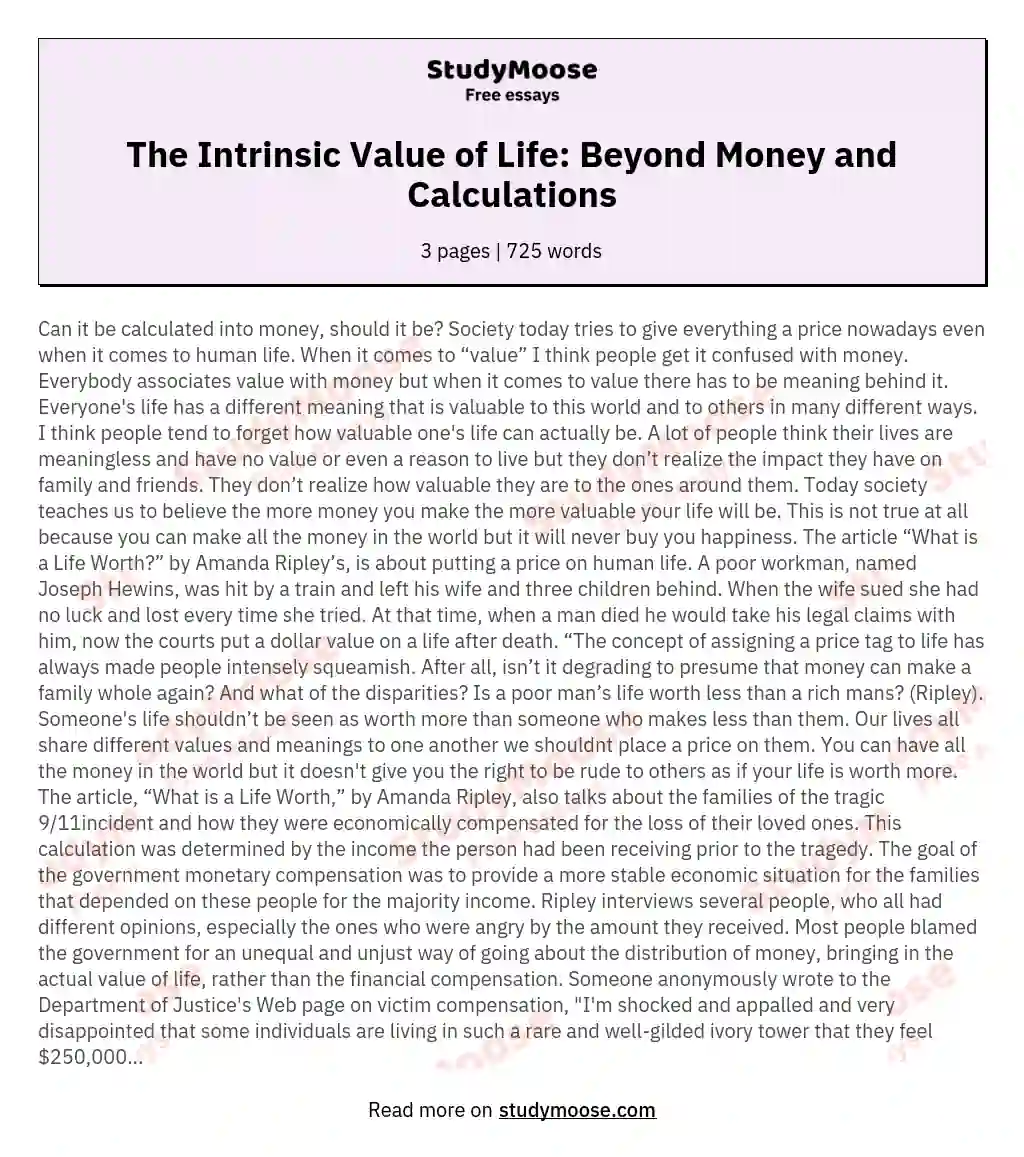 The Intrinsic Value of Life: Beyond Money and Calculations essay