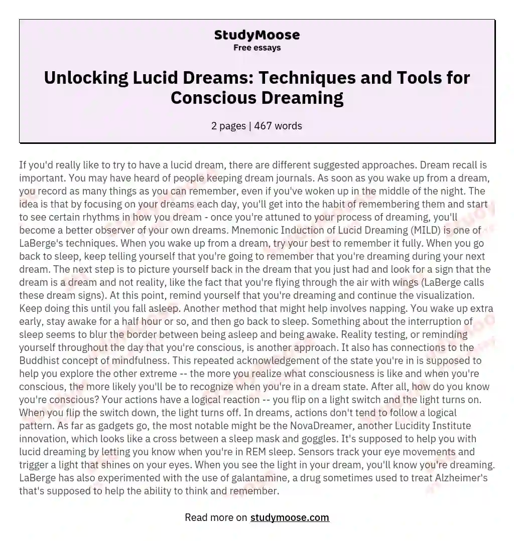 Unlocking Lucid Dreams: Techniques and Tools for Conscious Dreaming essay