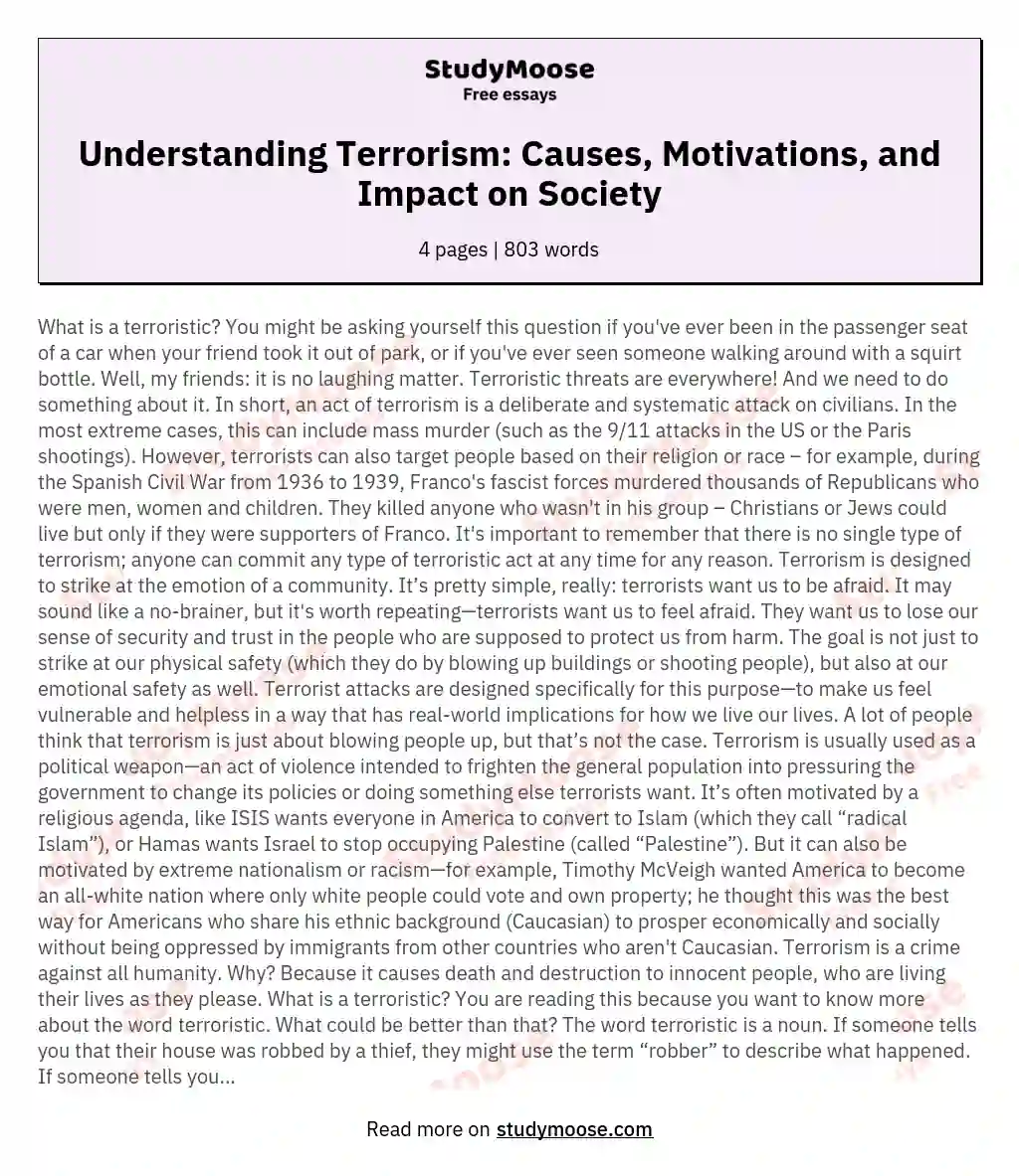 Understanding Terrorism: Causes, Motivations, and Impact on Society essay