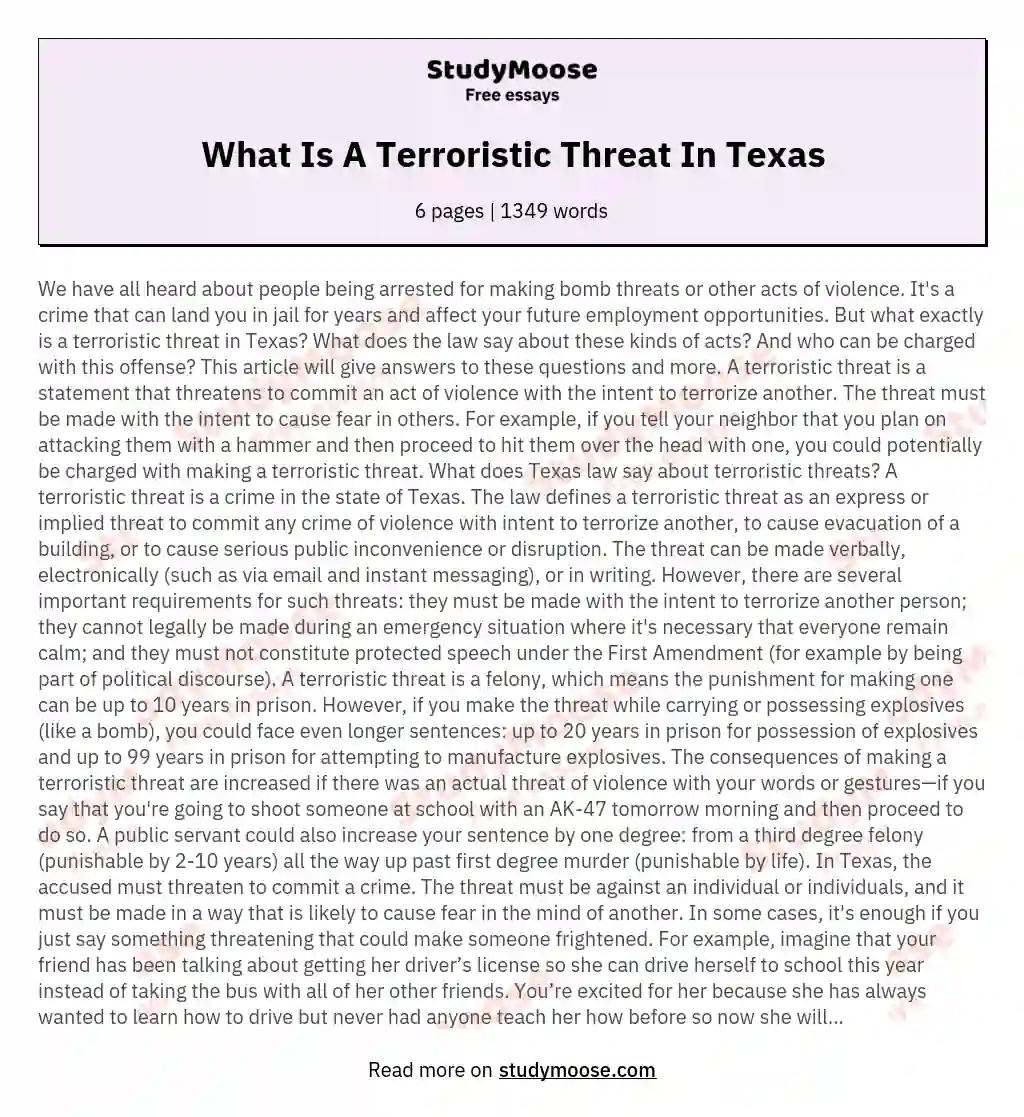What Is A Terroristic Threat In Texas essay