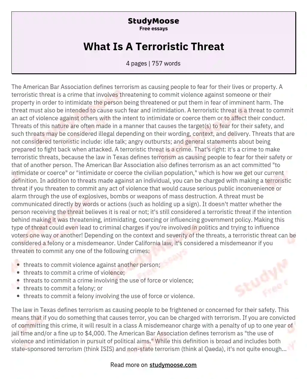 What Is A Terroristic Threat essay