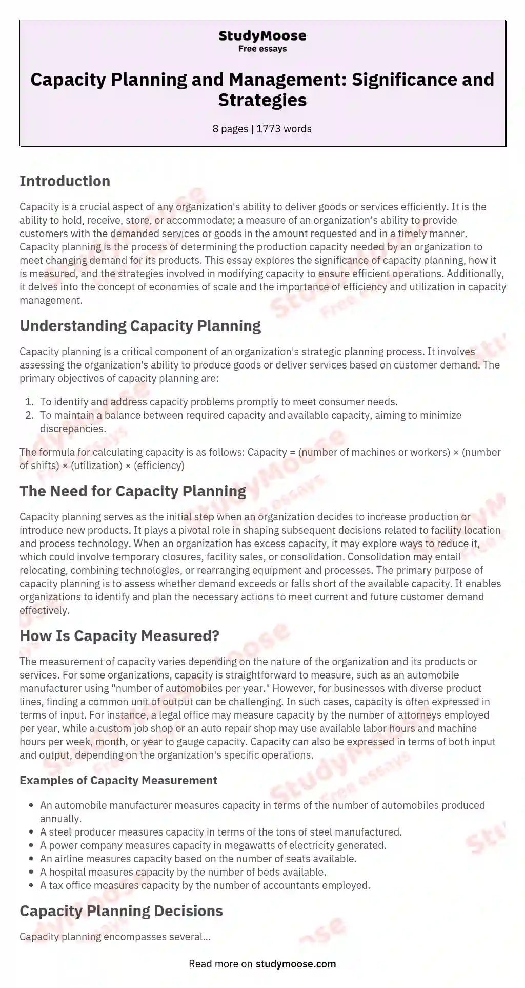Capacity Planning and Management: Significance and Strategies essay