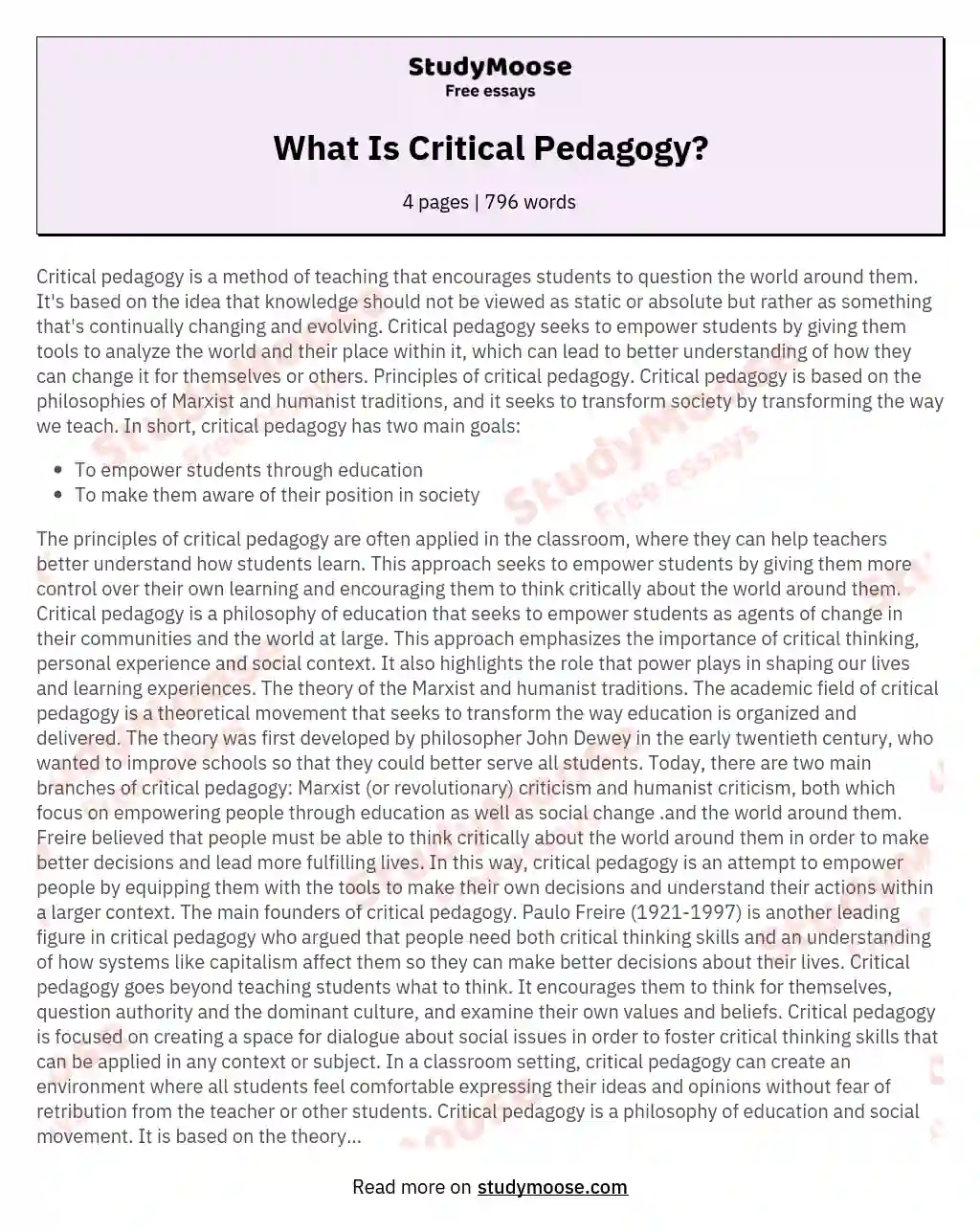 What Is Critical Pedagogy? essay