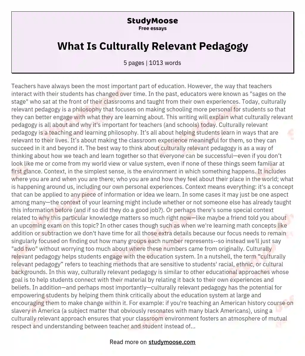 What Is Culturally Relevant Pedagogy essay