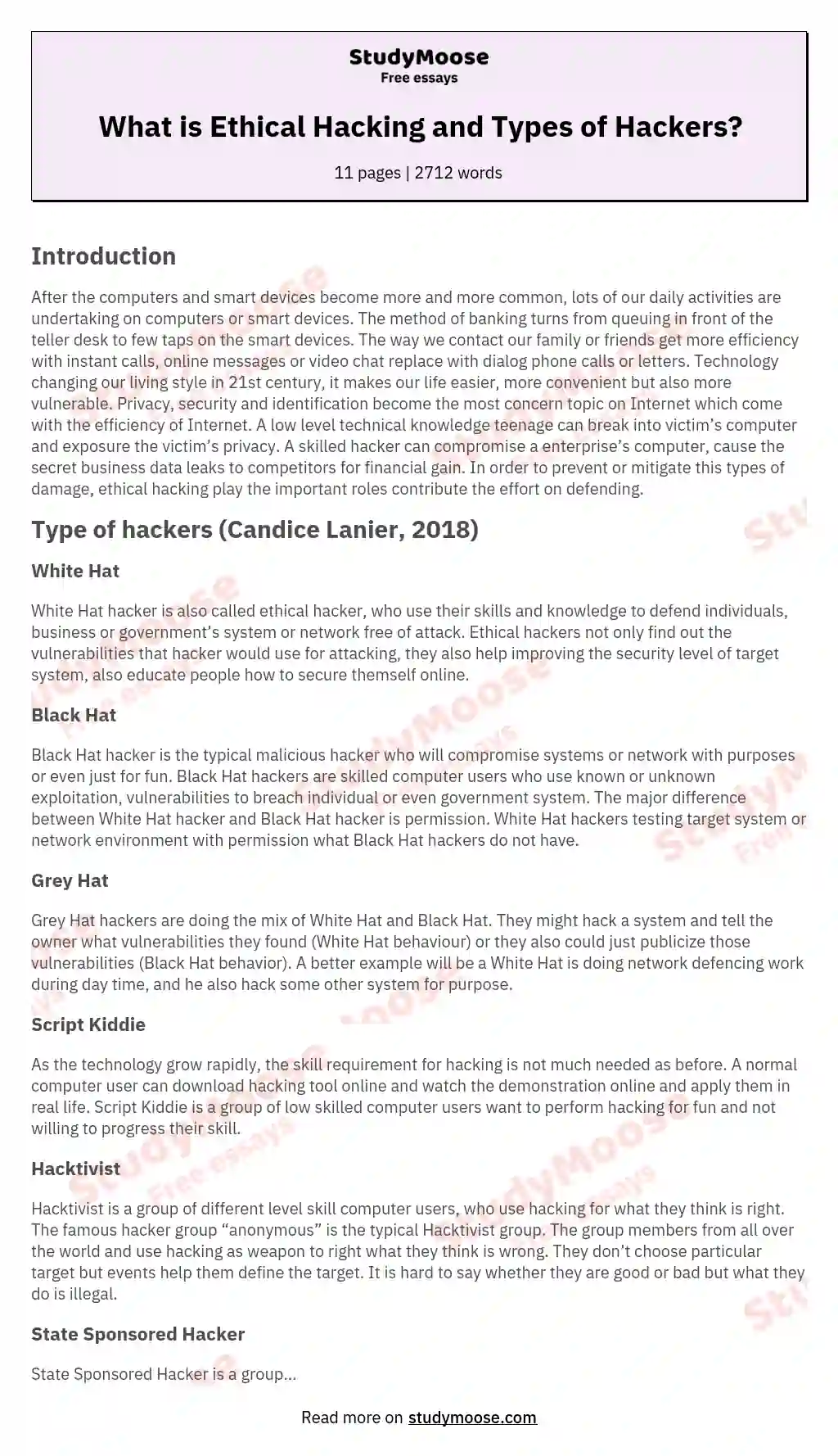 What is Ethical Hacking and Types of Hackers? essay