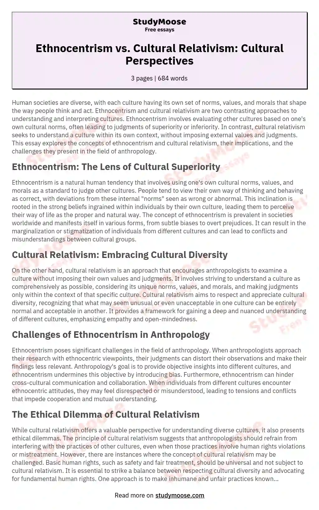 Ethnocentrism vs. Cultural Relativism: Cultural Perspectives essay