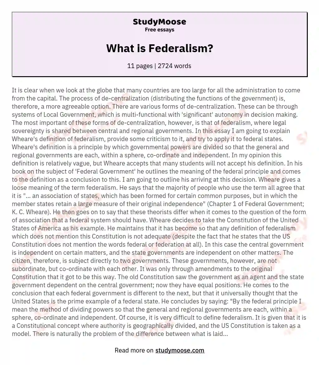What is Federalism? essay