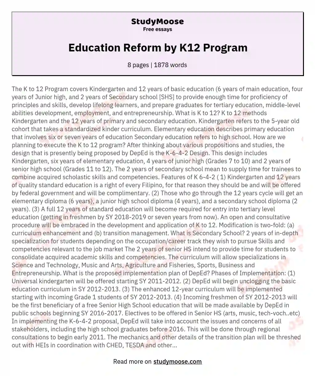 Education Reform by K12 Program essay