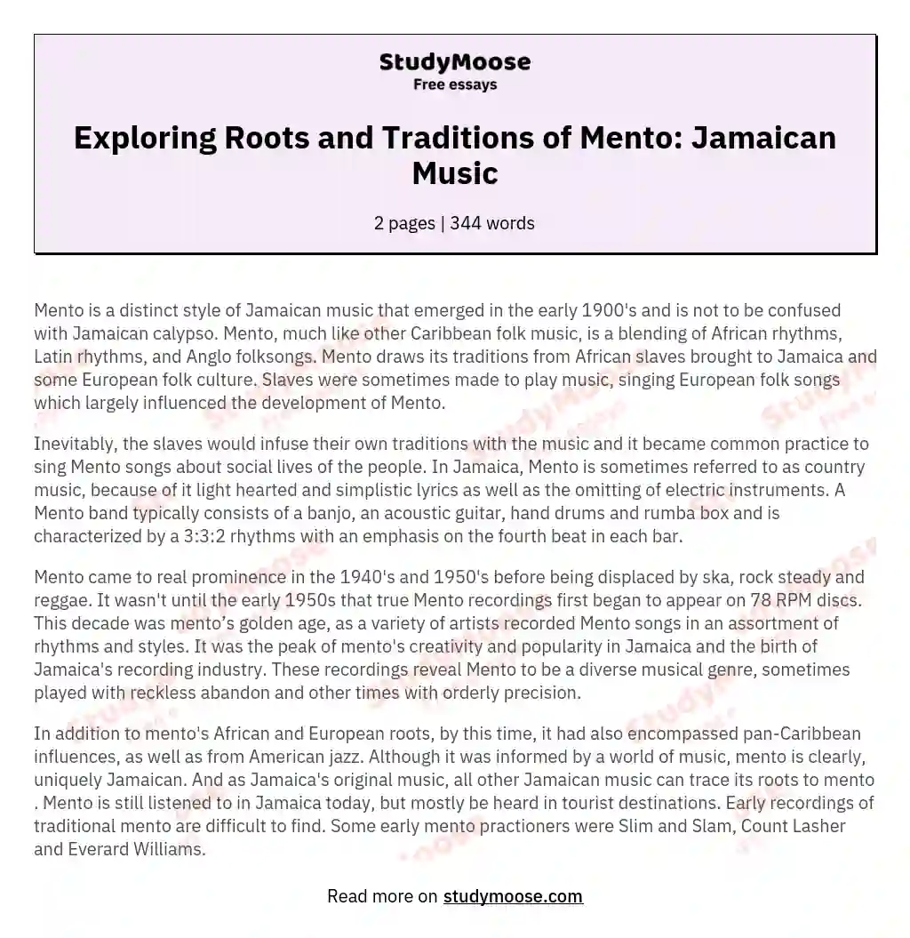Exploring Roots and Traditions of Mento: Jamaican Music essay