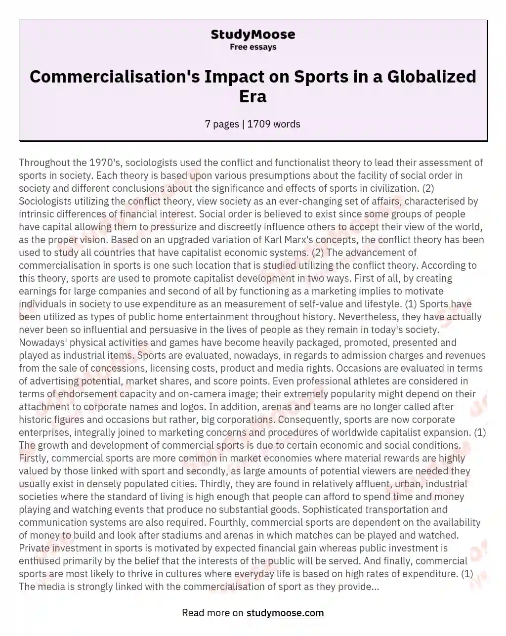 Commercialisation's Impact on Sports in a Globalized Era essay
