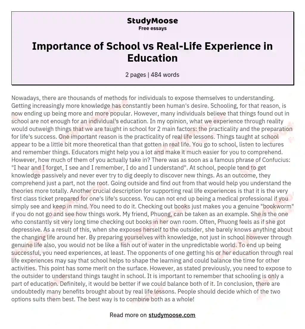 Importance of School vs Real-Life Experience in Education essay