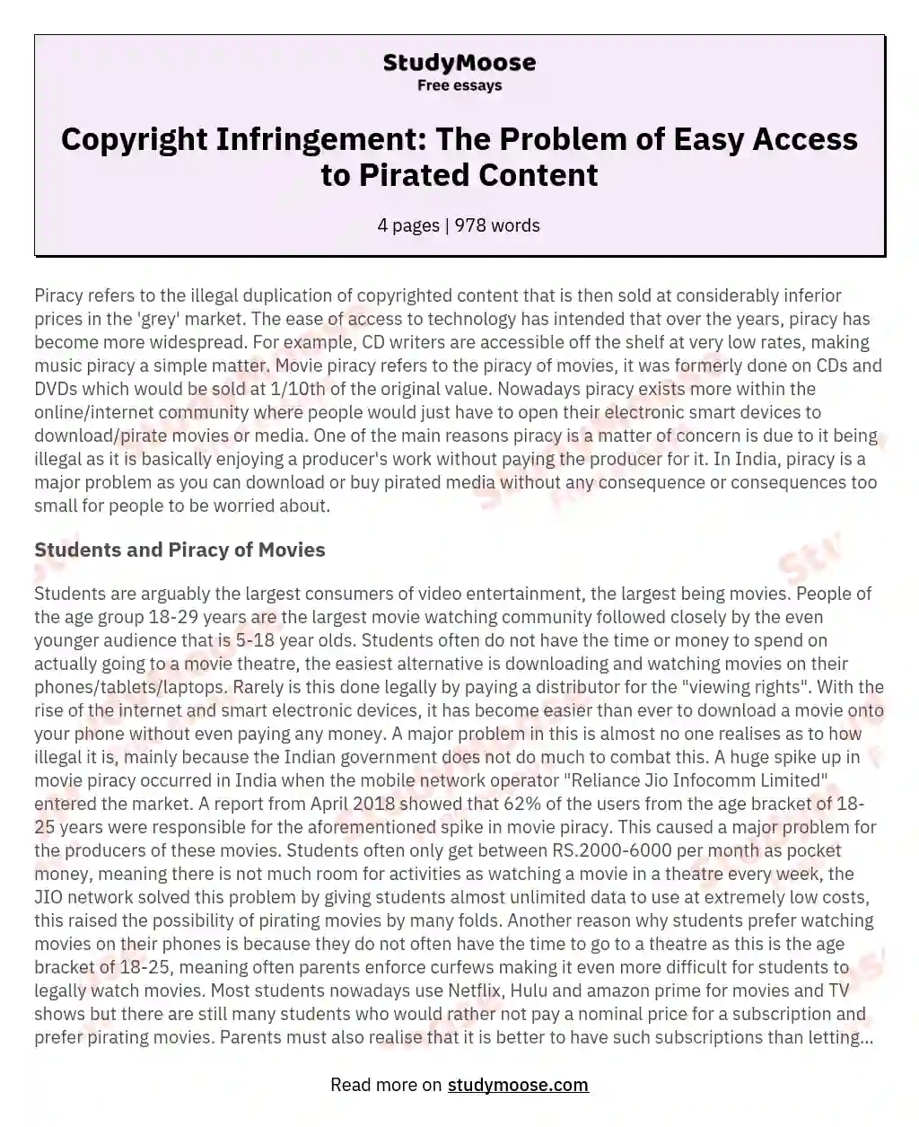 Copyright Infringement: The Problem of Easy Access to Pirated Content essay