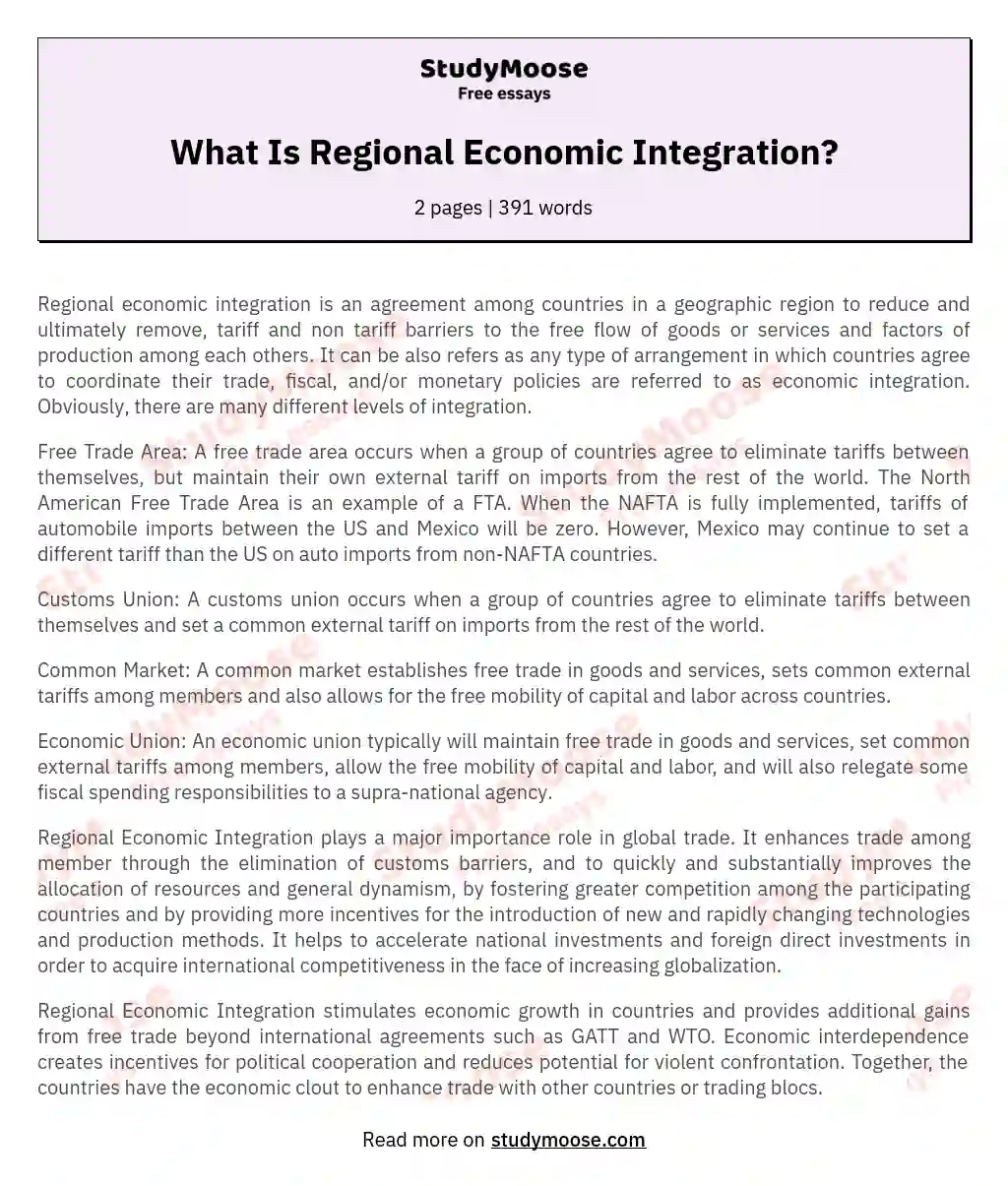 What Is Regional Economic Integration? essay