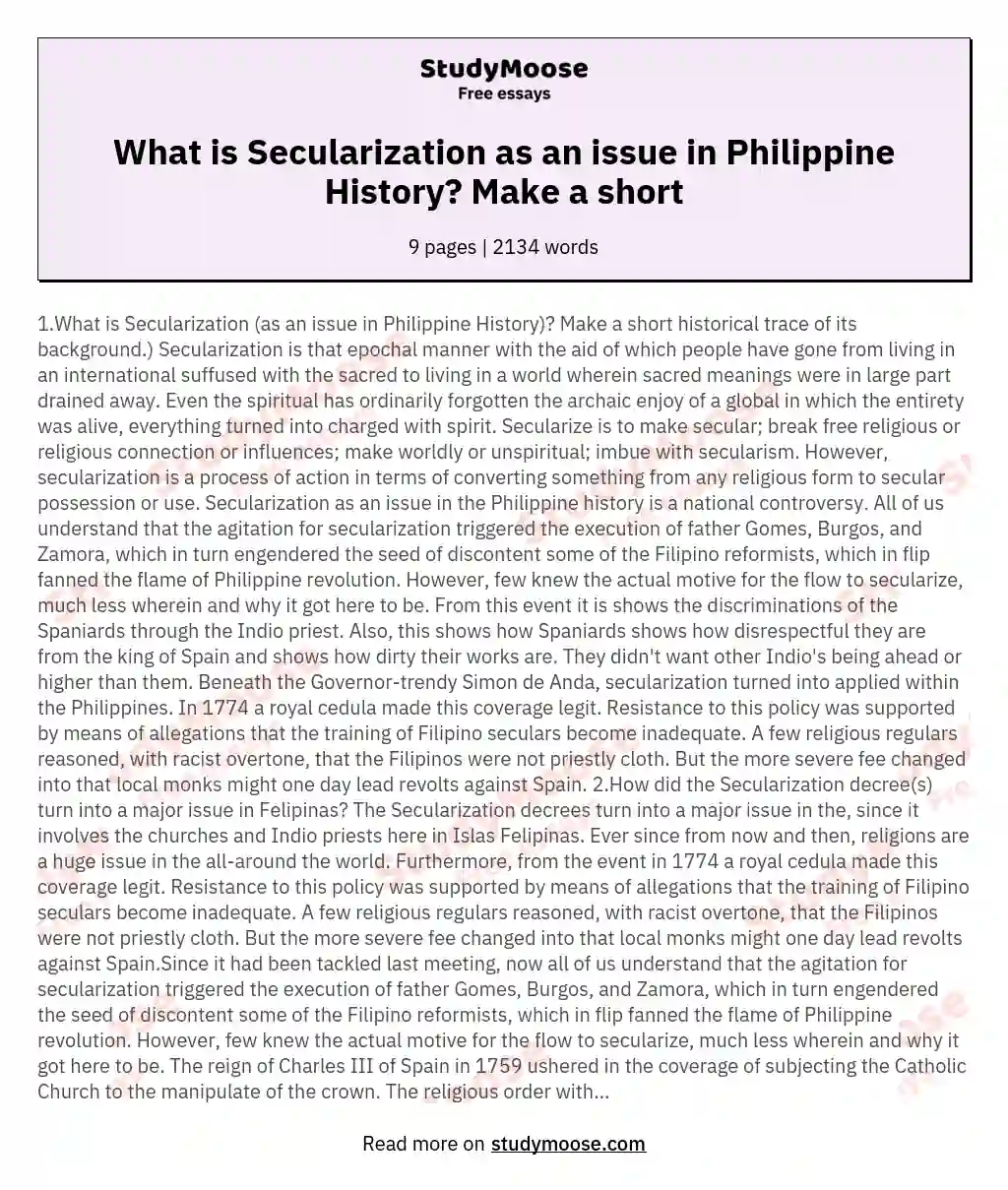 What is Secularization as an issue in Philippine History? Make a short essay