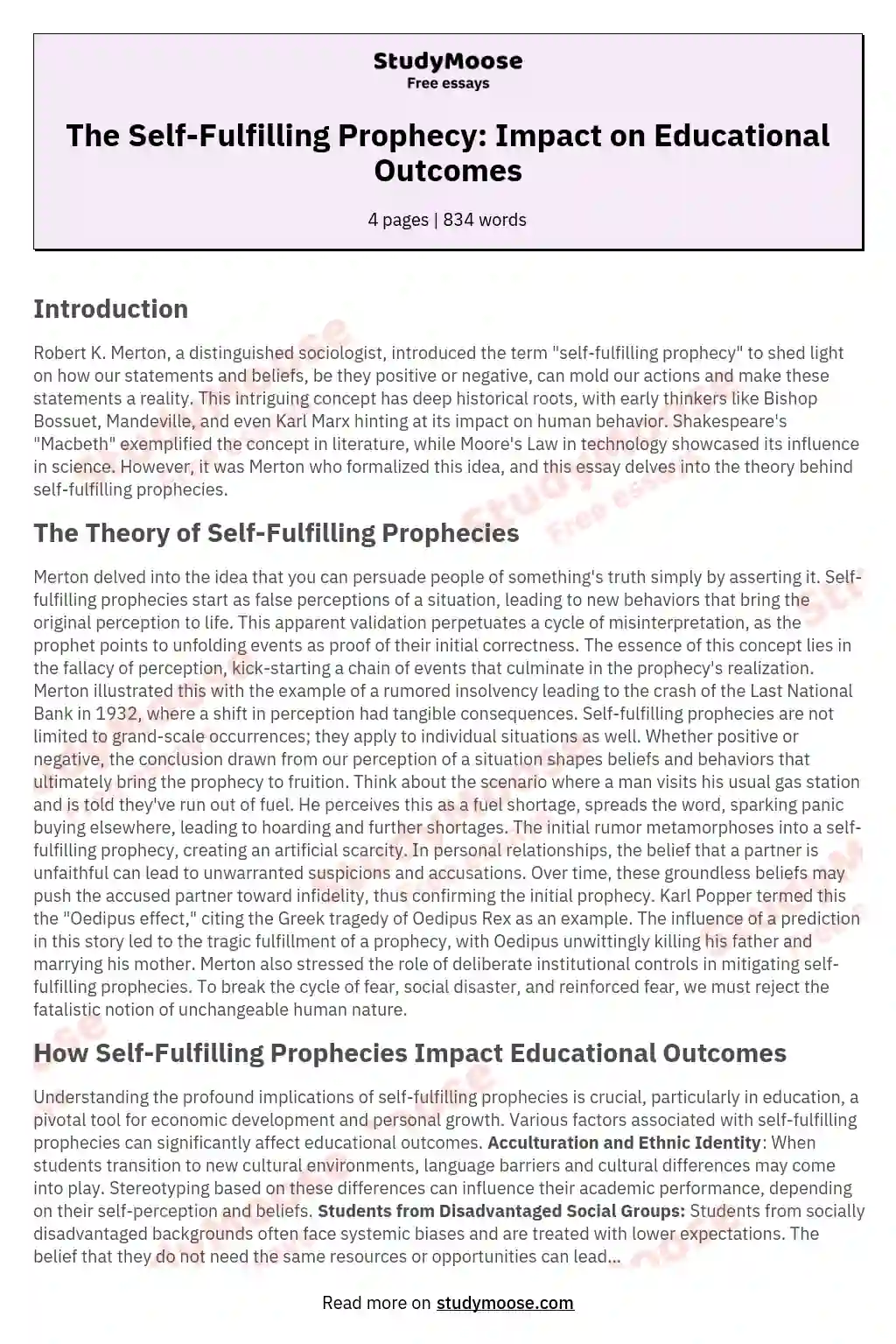 The Self-Fulfilling Prophecy: Impact on Educational Outcomes essay