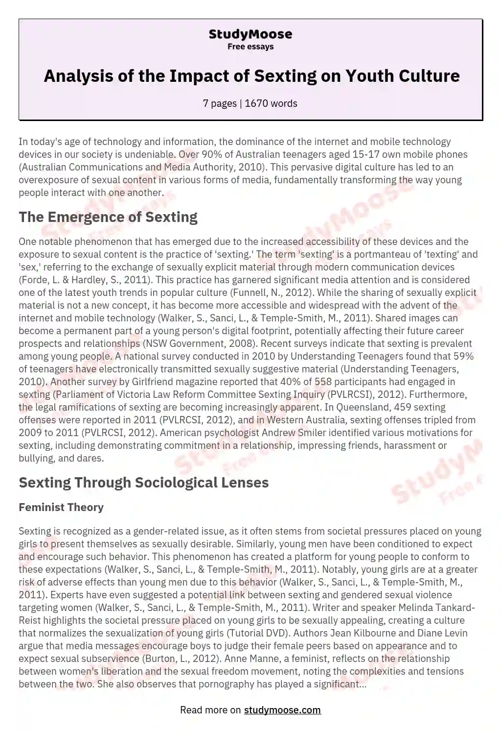 Analysis of the Impact of Sexting on Youth Culture essay