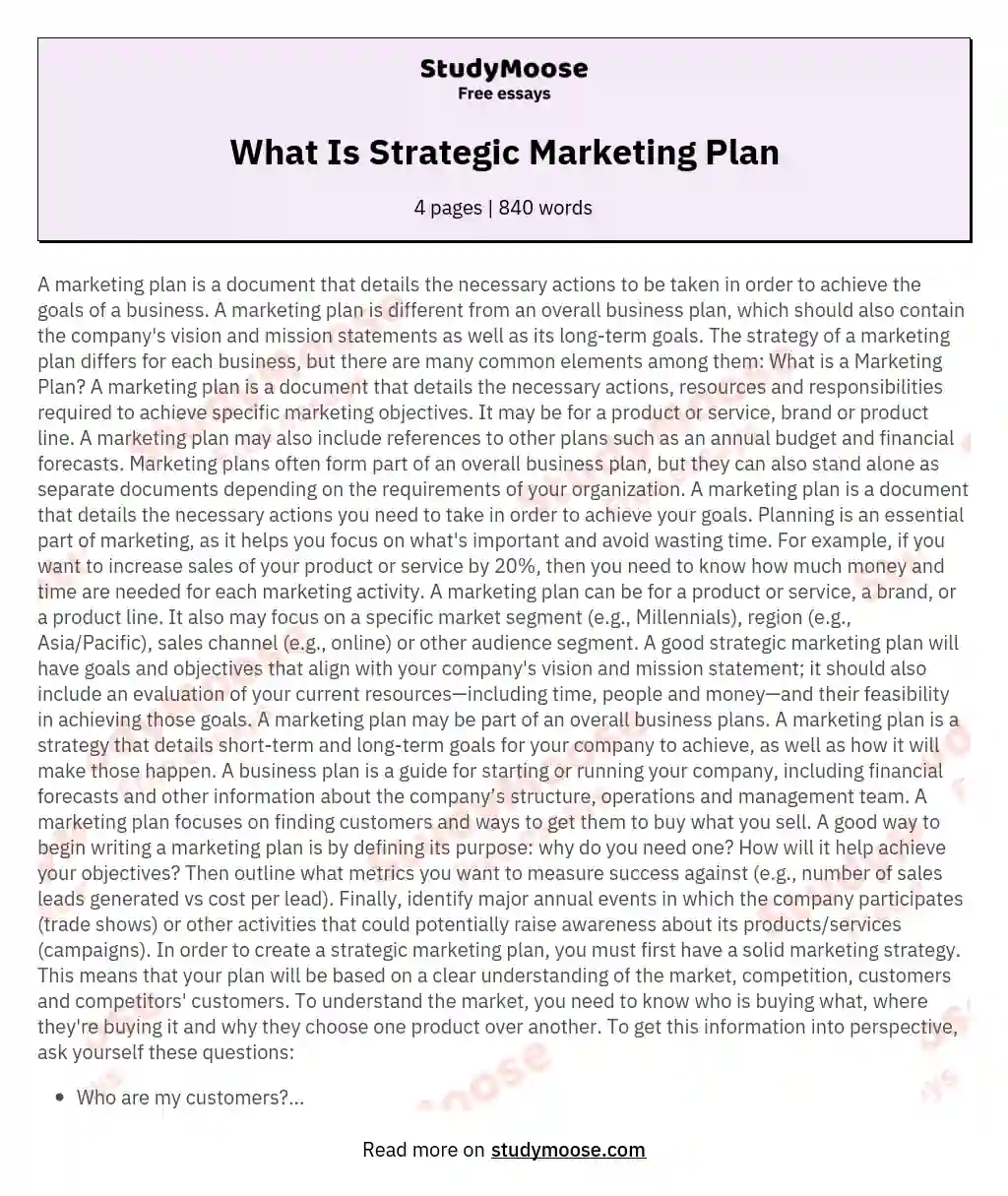 What Is Strategic Marketing Plan essay