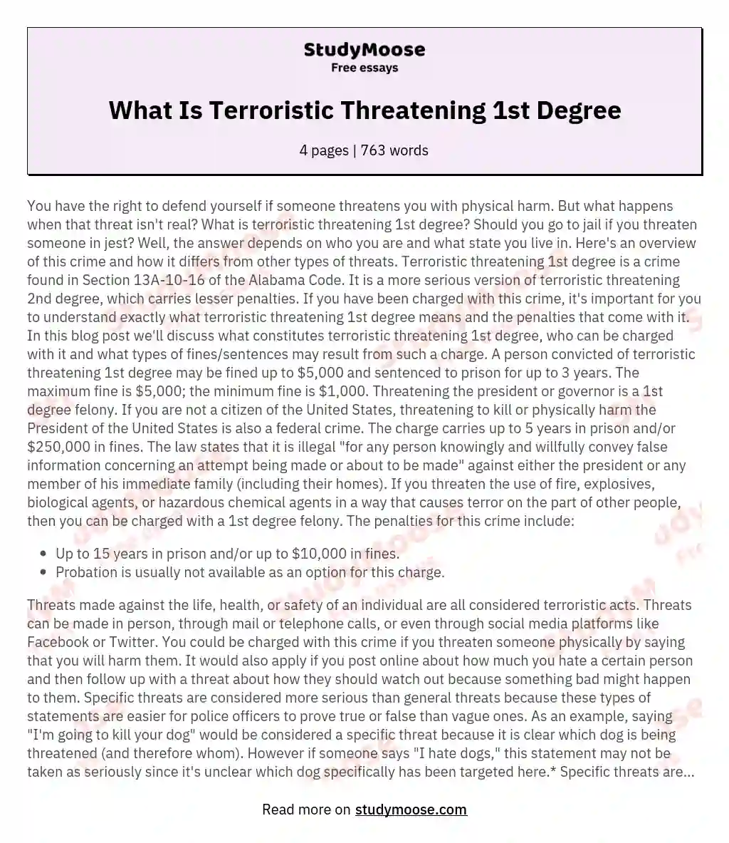 What Is Terroristic Threatening 1st Degree essay